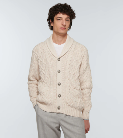 Shop Brunello Cucinelli Cotton-blend Cable-knit Cardigan In Avena
