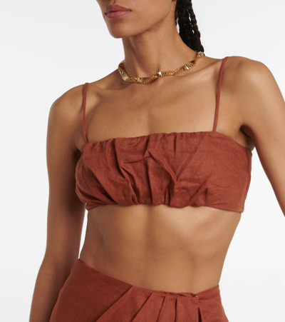 Johanna Ortiz Illusion Linen Crop Bra Top In Dark Skin Brown