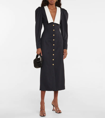Shop Alessandra Rich Pinstriped Wool Midi Dress In Navy Blue