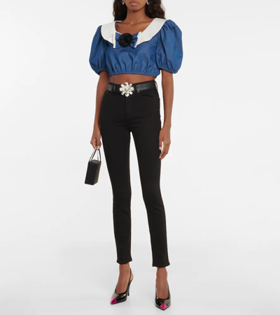 Shop Alessandra Rich Cotton Chambray Cropped Blouse In Blue