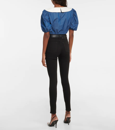 Shop Alessandra Rich Cotton Chambray Cropped Blouse In Blue
