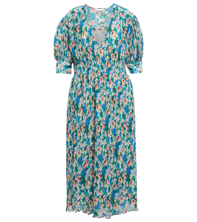 Shop Ganni Floral Pleated Georgette Midi Dress In Floral Azure Blue