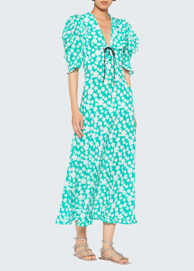 Shop Miu Miu Botanical Ruffle-trim Lace-up Silk Maxi Dress In F0g1s Giada Bianc
