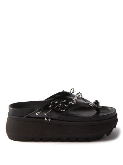 Pierced Leather Platform Thong Sandals In Black