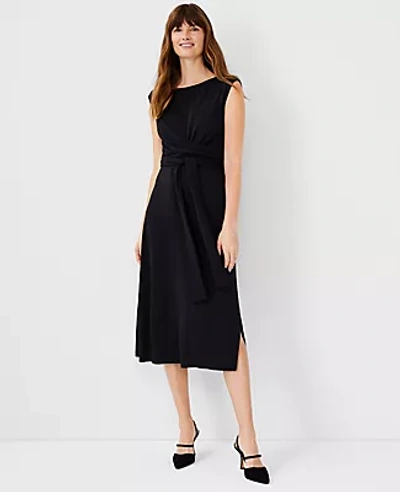 Ann Taylor Cap Sleeve Tie Waist Midi Dress In Black | ModeSens
