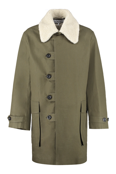 Shop Loewe Faux Fur Collar Buttoned Parka In Green