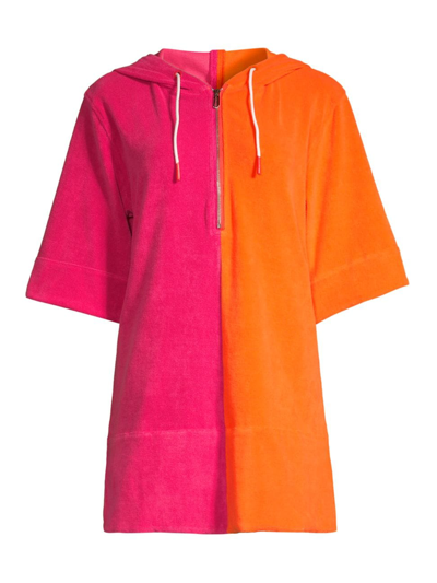 Shop Solid & Striped Women's The Zip Colorblocked Terrycloth Hoodie Dress In Tangerine X Strawberry