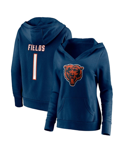 Fanatics Women's  Justin Fields Navy Chicago Bears Player Icon Name And Number V-neck Pullover Hoodie In Navy