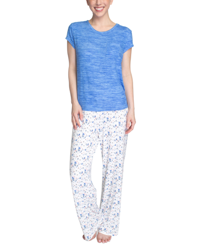Shop Muk Luks Super Soft Short-sleeve Top And Open-leg Pajama Pants Set In Blue Floral