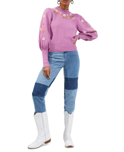 Shop French Connection Kaitlyn Cotton Embroidered Sweater In Pink Violet