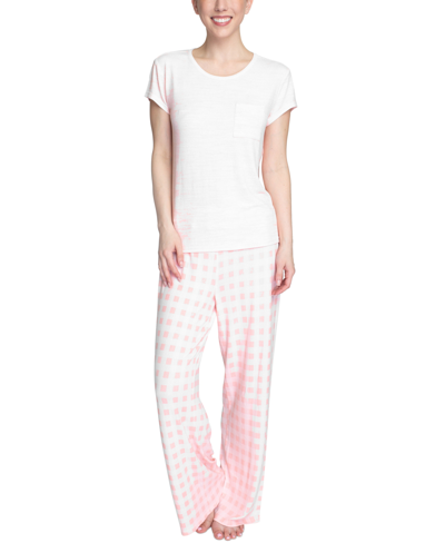Shop Muk Luks Super Soft Short-sleeve Top And Open-leg Pajama Pants Set In Pink Check