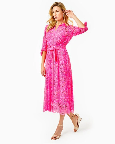 Shop Fit And Flare Midi Shirtdress With Tie Detail At Sleeves, Jersey Slip Lining And Separate Sash. 52"  Amrita Midi Shirtdress In Pink Isle Swirly Fern Scalloped Eyelet