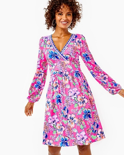 FIT AND FLARE DRESS WITH SURPLICE NECKLINE, WIDE WAISTBAND, SIDE SEAM POCKETS, AND LONG, BLOUSON SLE WOMEN'S CARMILLA DRESS IN PINK SIZE 12, LAST BUD NOT LEAST ENGINEERED KNIT DRESS - LILLY PULITZER 