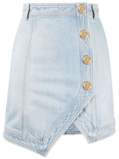 Shop Balmain Button-embellished Denim Skirt In Blau