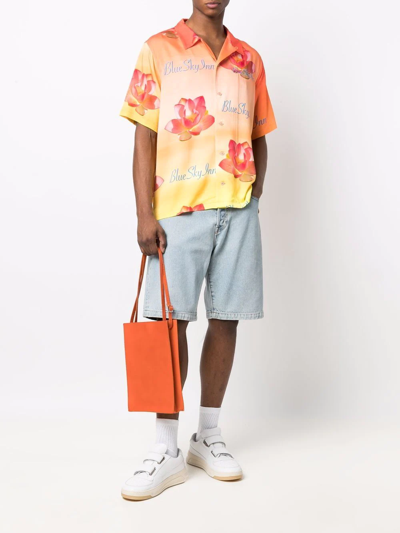 Shop Blue Sky Inn Lotus-print Shortsleeved Bowling Shirt In Orange