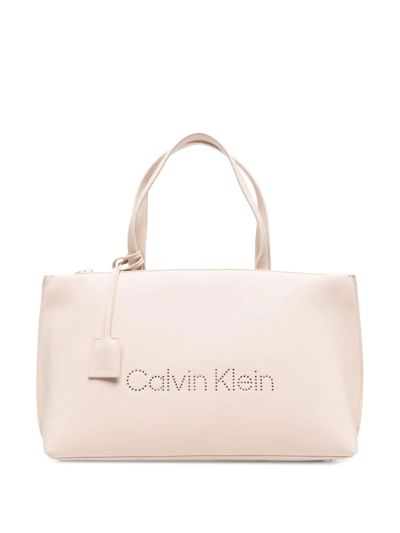 Shop Calvin Klein Perforated-logo Tote Bag In Nude