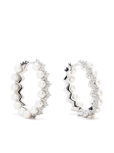 Shop Apm Monaco Up And Down Pearl-embellished Hoop Earrings In Silber