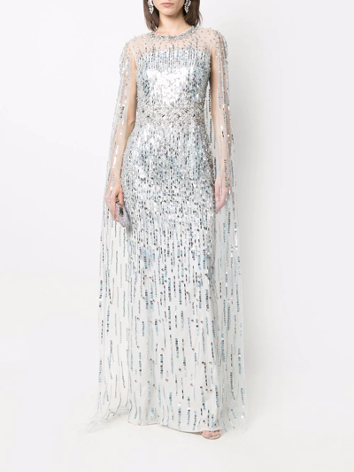 Shop Jenny Packham Lux Sequin-embellished Cape Gown In Grau