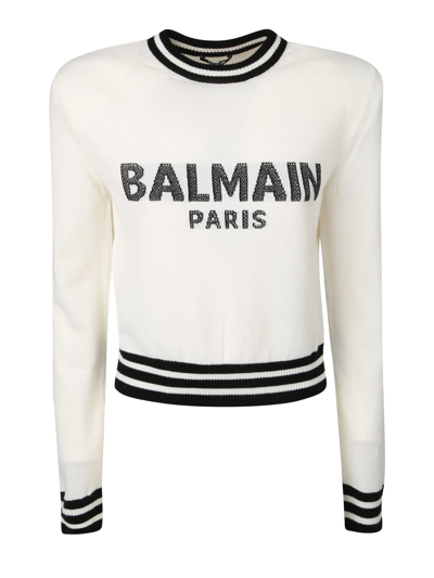 Shop Balmain Logo Sweater Cropped In White