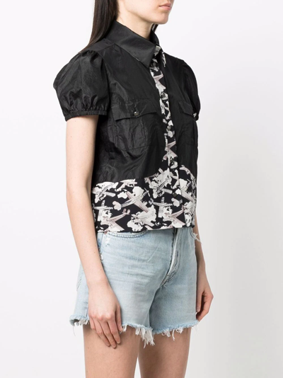 Pre-owned Chanel 2006 Airplane-print Panelled Silk Blouse In Black