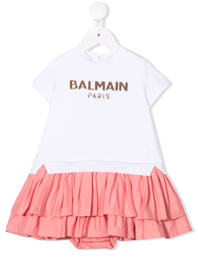 Shop Balmain Sequin-embellished Logo Dress In Pink