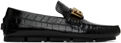 Shop Versace Black Croc-embossed Greca Loafer In 1b00v Black
