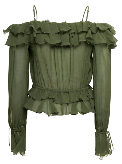 Shop Blumarine Woman's Green Cotton And Silk  Blouse With Ruffles