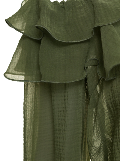 Shop Blumarine Woman's Green Cotton And Silk  Blouse With Ruffles