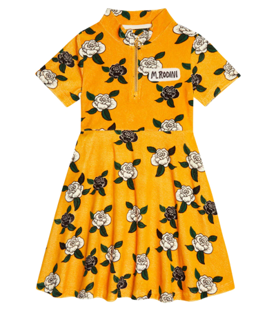 Mini Rodini Printed Velvet Cotton Dress In Yellow