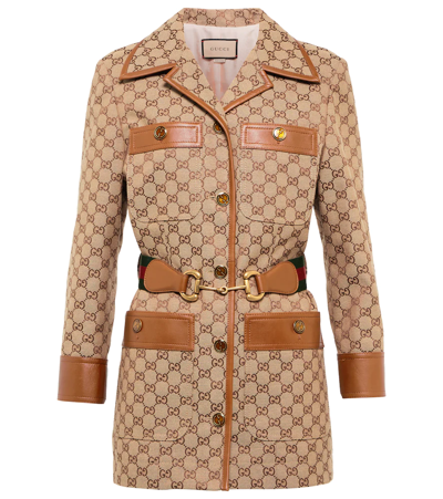 Gucci Gg Canvas Jacket With Web Belt In Camel/mix