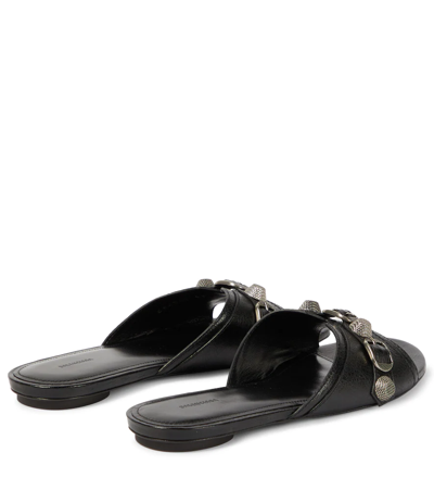 Shop Balenciaga Cagole Leather Slides In Black/pallad Inv