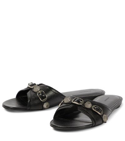 Shop Balenciaga Cagole Leather Slides In Black/pallad Inv