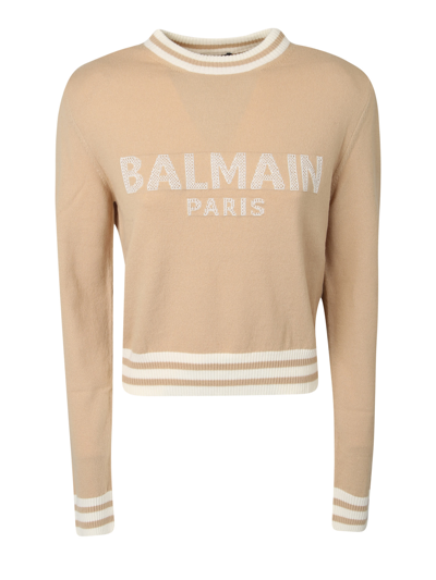Shop Balmain Logo Sweater Cropped In Beige