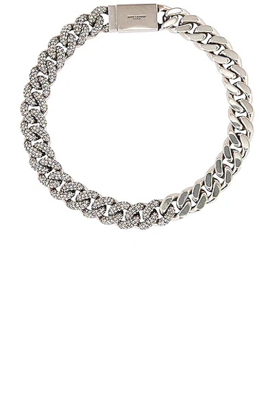 Shop Saint Laurent Rhinestone Thick Curb Chain Necklace In Argent Oxyde & Crystal