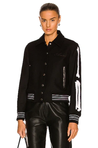 Amiri Bones Appliquéd Leather-trimmed Herringbone Wool-blend Bomber Jacket In Black
