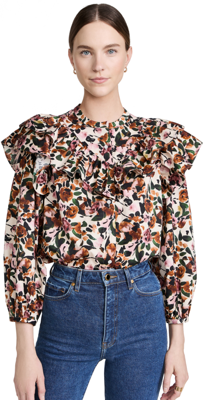 Shop Something Navy Floral Ruffle Blouse In Cream Multi