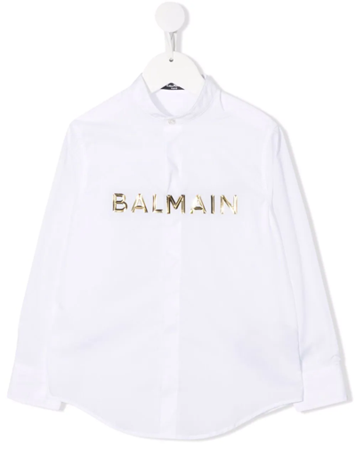 Shop Balmain Logo-lettering Long-sleeve Shirt In White