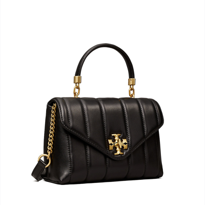 Shop Tory Burch Small Kira Quilted Satchel In Black / Rolled Gold