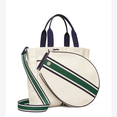 Shop Tory Sport Tory Burch Convertible Stripe Tennis Tote In Ivory Pearl/evergreen