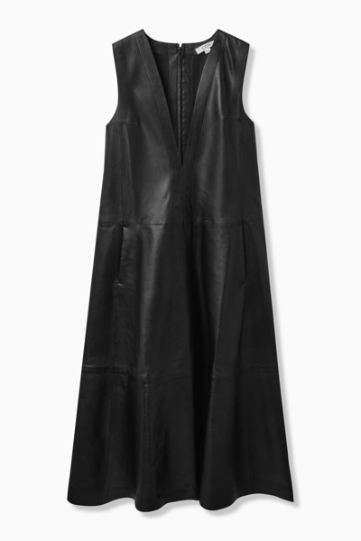 Shop Cos V-neck Leather Midi Dress In Black