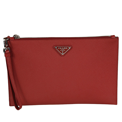 Shop Prada Logo Plaque Clutch Bag In Red