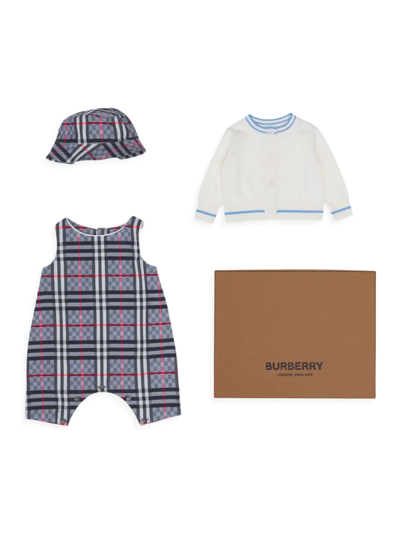 Shop Burberry Baby 3-piece Romper & Bucket Hat Gift Set In Pale Blue Check