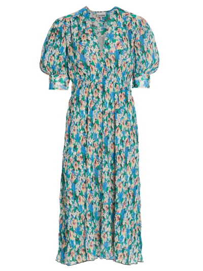 Shop Ganni Women's Pleated Floral Georgette Dress In Floral Azure Blue