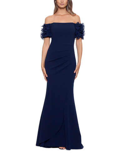 Shop Xscape Off-the-shoulder Ruffled-sleeve Gown In Navy