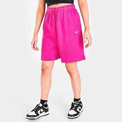 Shop Nike Women's Sportswear Essential High-rise Fleece Shorts In Olive Aura/citron Tint/black/amethyst Ash