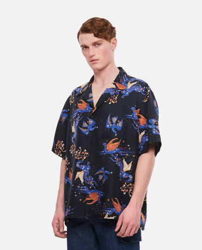 Shop Valentino Printed Silk Bowling Shirt In Blue