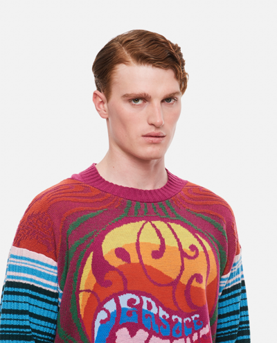 Shop Versace Jacquard Multicoloured Sweater In Orange