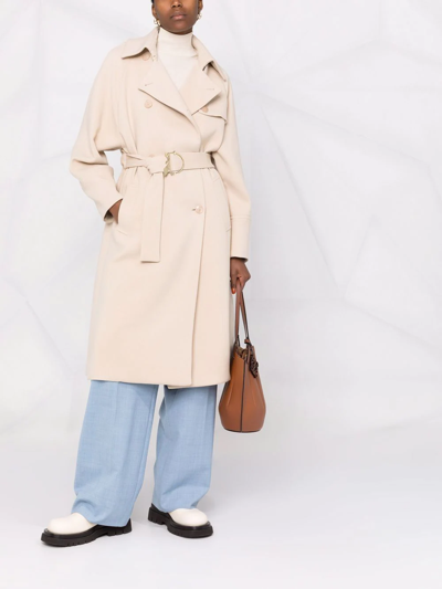 Shop Patrizia Pepe Double-breasted Belted Coat In Nude