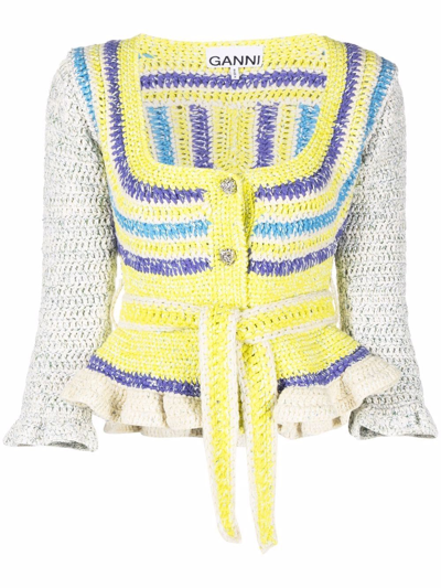 Shop Ganni Crochet Scoop Neck Belted Cardigan In Gelb