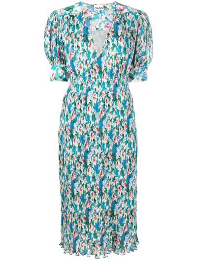 Shop Ganni Floral-print Pleated Georgette Midi Dress In Blau